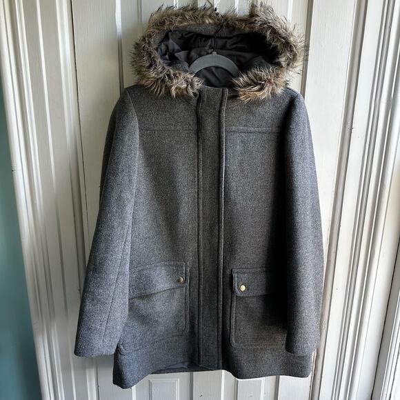 J. Crew Mercantile Vail Faux Fur Gray Wool Parka Coat - Picture 2 of 8